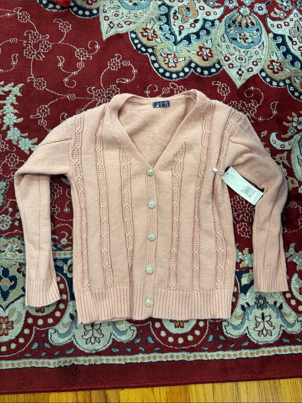 Classic Cable-Knit V-Neck Cardigan - Pink